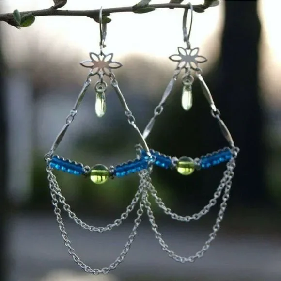 Handmade Glass Bead & Silver Plated Chandelier Long Dangle Earrings - Picture 1 of 5